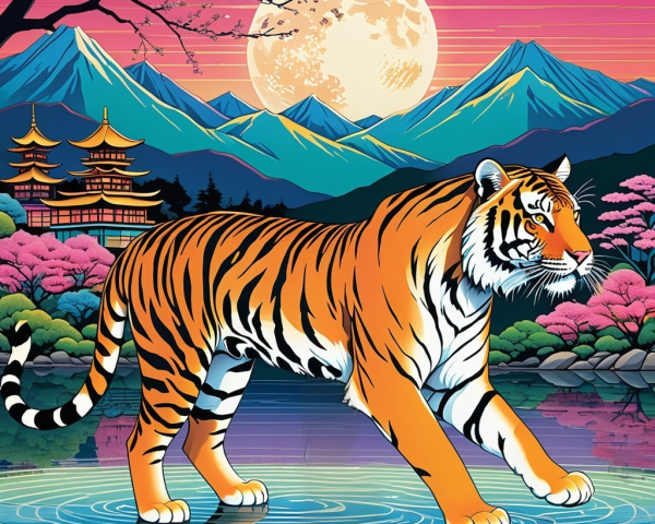 Vibrant Tiger in Tranquil Water with Mountains and Moon
