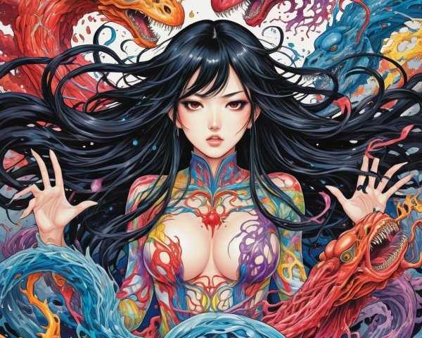 Mystical Woman Surrounded by Colorful Dragons