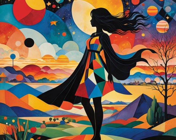 Surreal Landscape with Silhouetted Figure and Celestial Bodies