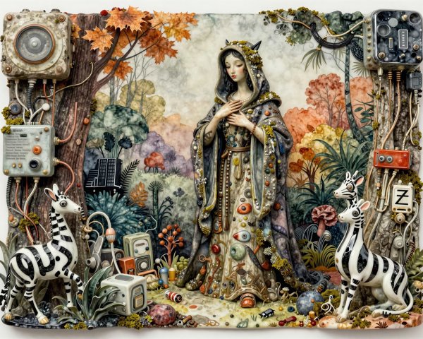 Symmetrical Artwork of Regal Woman in Vibrant Forest