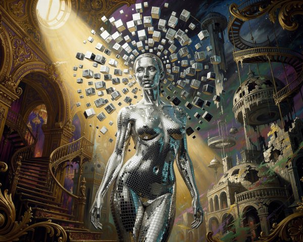 Futuristic Chrome Cyborg in Hyperrealistic Oil Painting