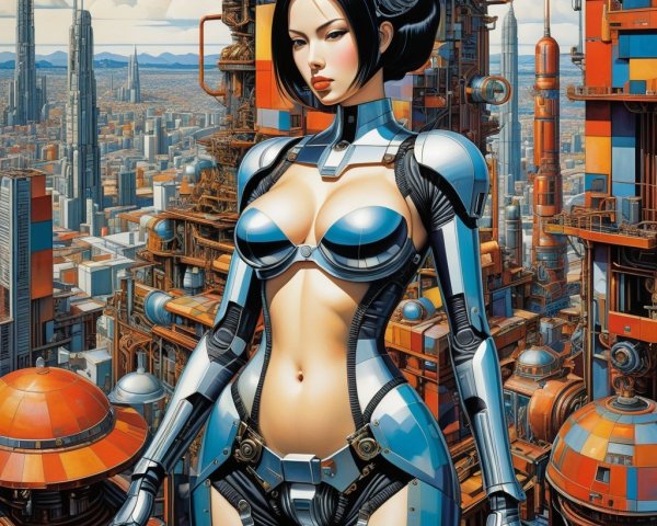 Humanoid Robot in Futuristic Cityscape with Machinery