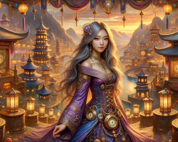 Mystical Figure in Ancient City at Sunset