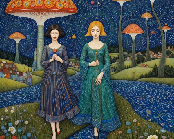 Women in Elegant Dresses by a Whimsical River Scene