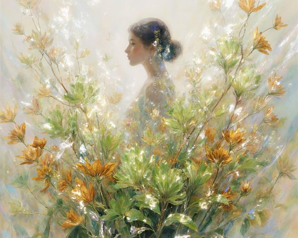 Soft Focus Painting of Asian Woman with Floral Bouquet