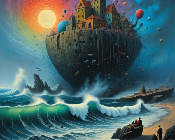 Floating Castle on Rocky Island with Vibrant Balloons