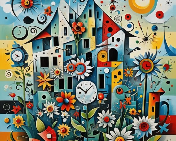 Abstract House Surrounded by Colorful Flowers and Sunlight