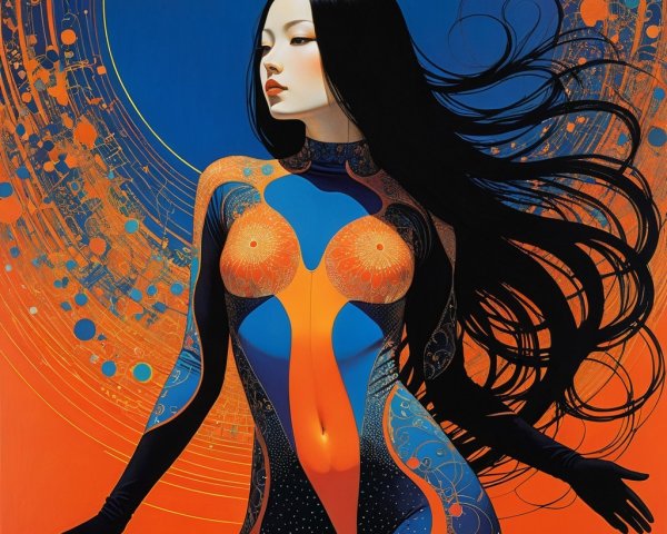 Artwork of a woman with long black hair in vibrant colors