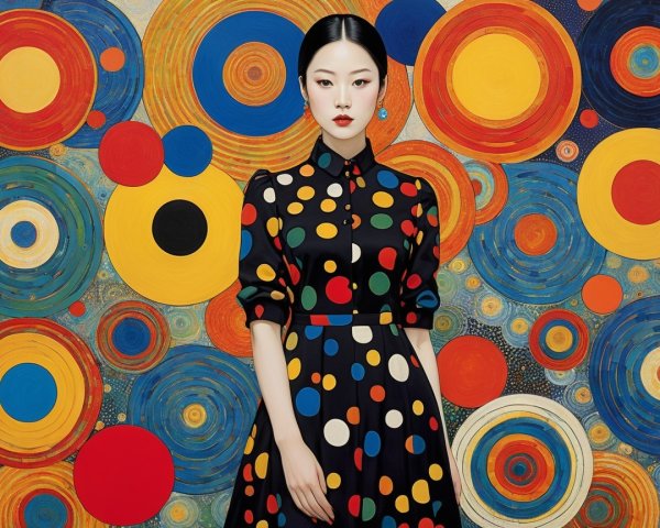Stylish Woman in Chic Polka Dot Dress Against Colorful Background