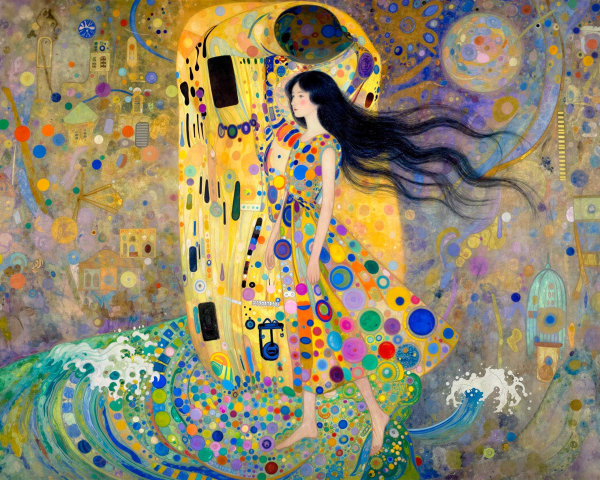 Vibrant Painting of Woman in Colorful Dress and Embrace