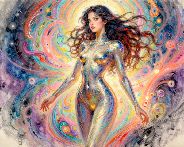Vibrant Watercolor Painting of a Woman with Metallic Skin