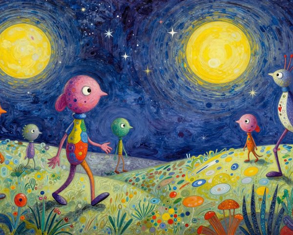 Whimsical Night Scene with Colorful Cartoon Characters