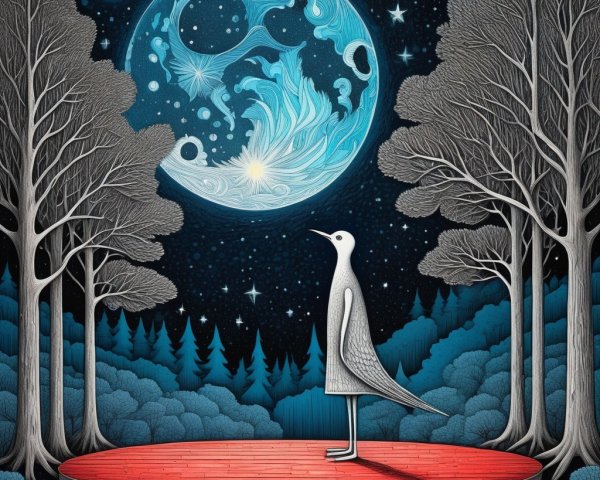 Stylized bird on red platform under luminous moon