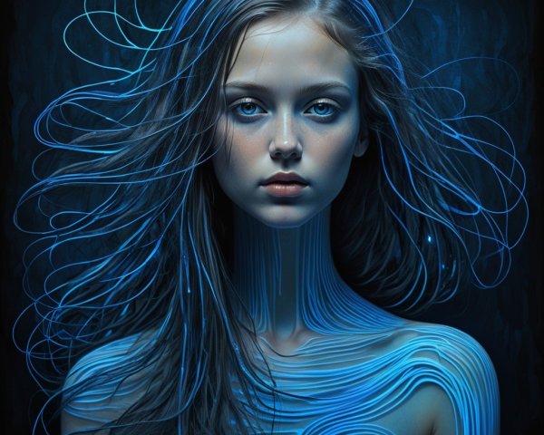 Close-up portrait of a woman with glowing blue accents