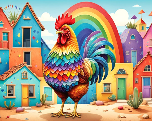 Vibrant Rooster with Colorful Village and Rainbow Background