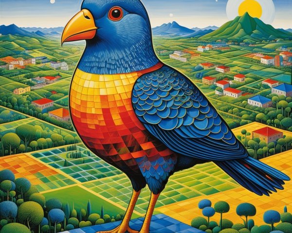 Vibrant Bird in Colorful Whimsical Landscape