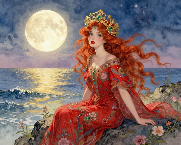 Watercolor and Gouache Painting of a Princess by Ocean