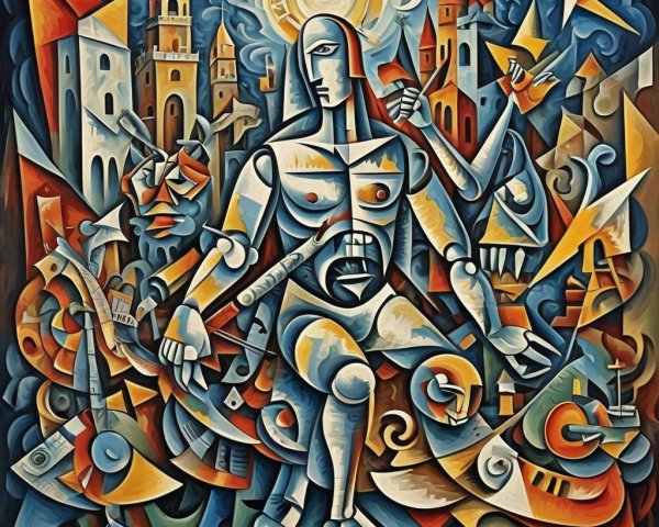 Vibrant Abstract Artwork with Central Figure and Chaos