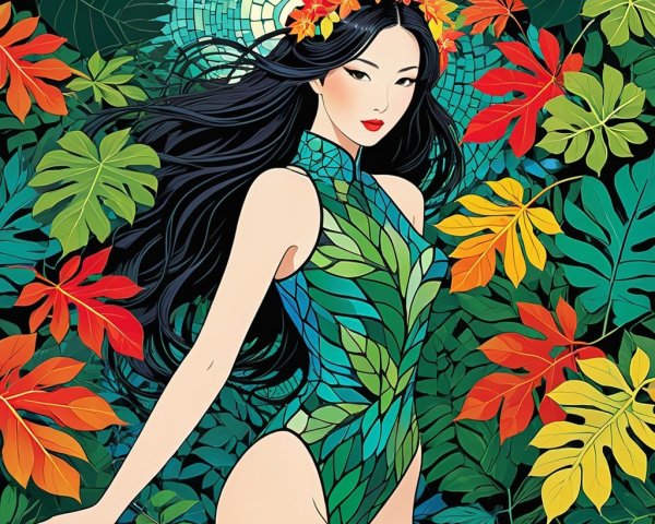 Woman in Leaf-Patterned Swimsuit in Tropical Setting