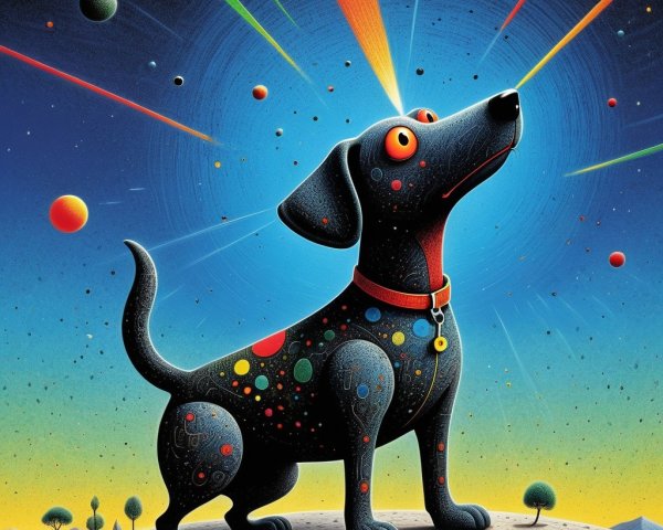 Whimsical Illustration of a Galaxy-Themed Black Dog