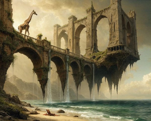 Surreal Landscape with Giraffe and Floating Bridge