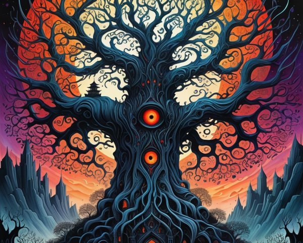 Intricate tree with watchful eyes and dark structure