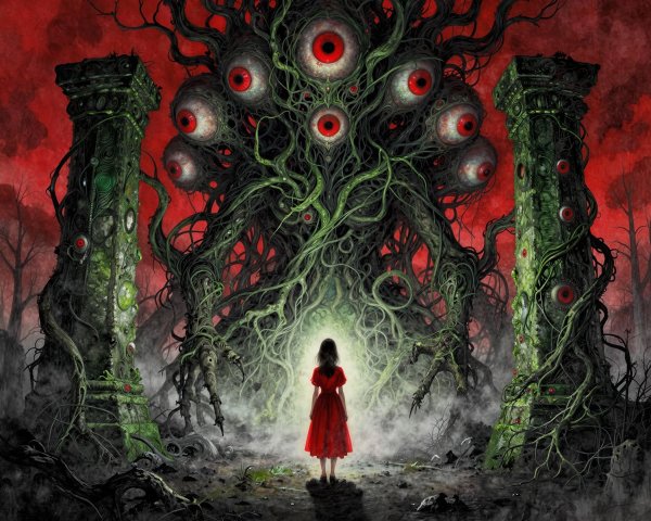 Young girl in red dress before a giant tree creature