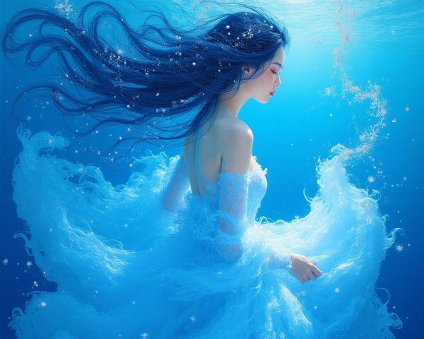 Young Woman in Blue Dress Underwater with Bubbles