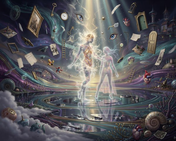 Translucent Glowing Figures in Mystical Landscape