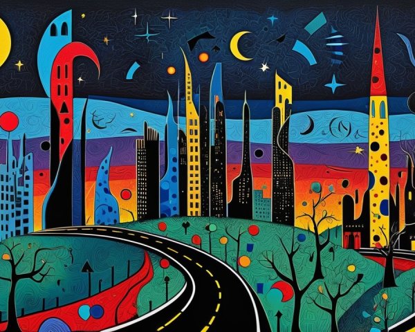 Surreal Nighttime Cityscape with Colorful Structures