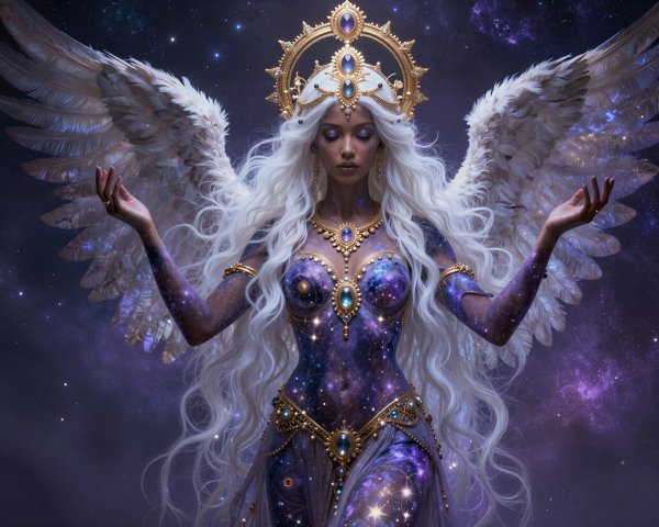 Ethereal Goddess with Cosmic Background and Wings