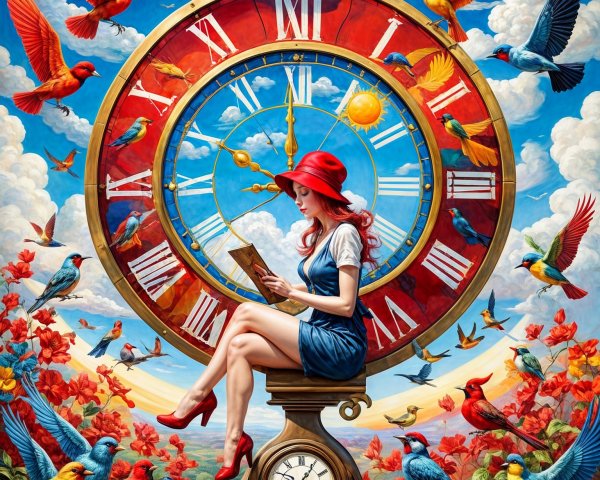 Woman in red hat on ornate clock with birds and flowers
