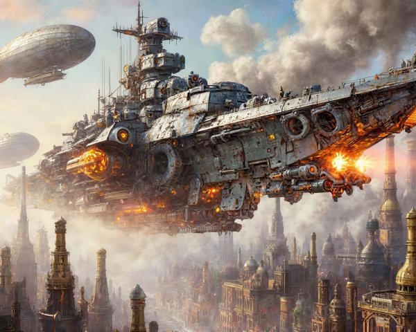 Steampunk Flying Battleship Over Industrial Cityscape