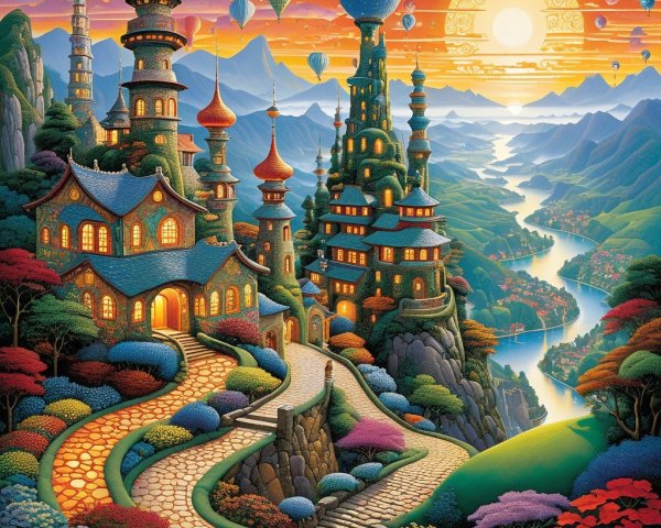 Vibrant Fantasy Landscape with Whimsical Towers and Homes