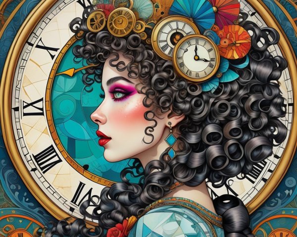 Stylized Woman with Curls and Steampunk Clock Design
