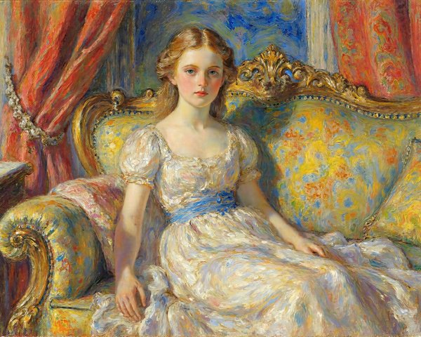 Portrait of a Young Woman in a White Dress on Sofa
