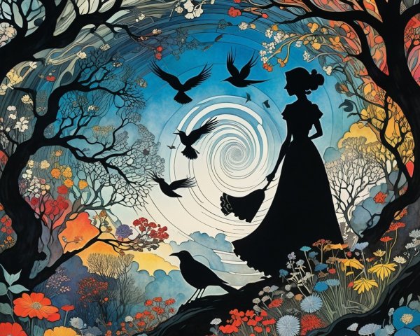 Silhouette of Woman Amidst Trees and Flowers