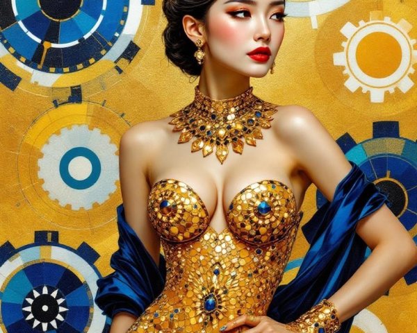 Elegant Woman in Golden Attire Against Vibrant Background