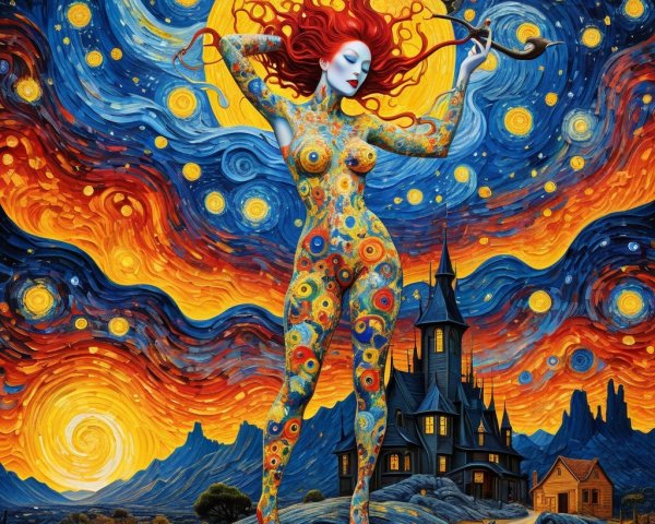 Surreal Scene with Flowing Red Hair and Colorful Landscape
