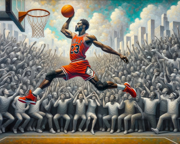 Basketball Player Slam Dunk with City Skyline Backdrop