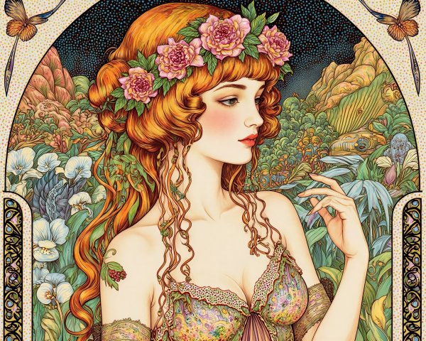 Art Nouveau Painting of Woman with Flower Crown