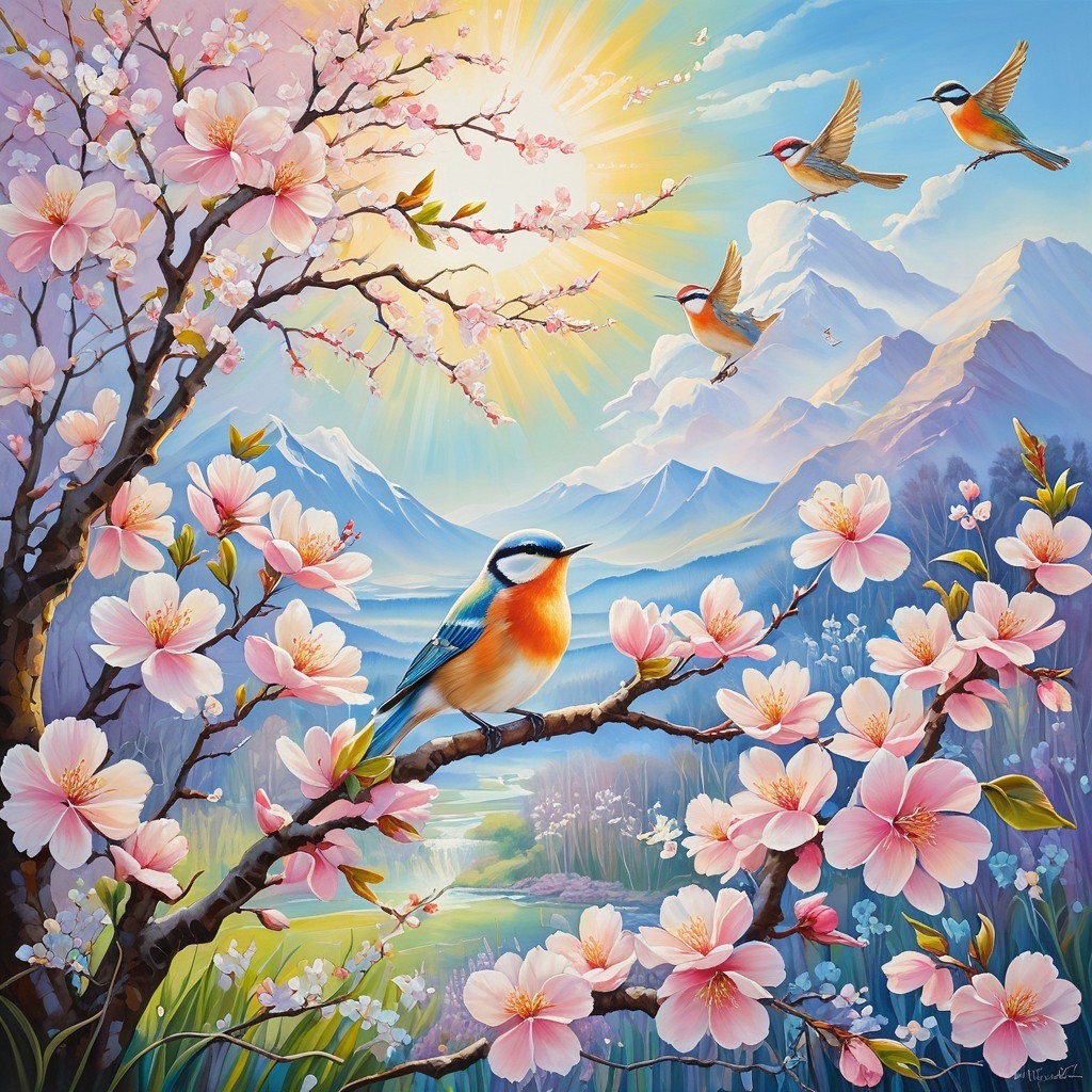 Vibrant Spring Landscape with Cherry Blossoms and Birds