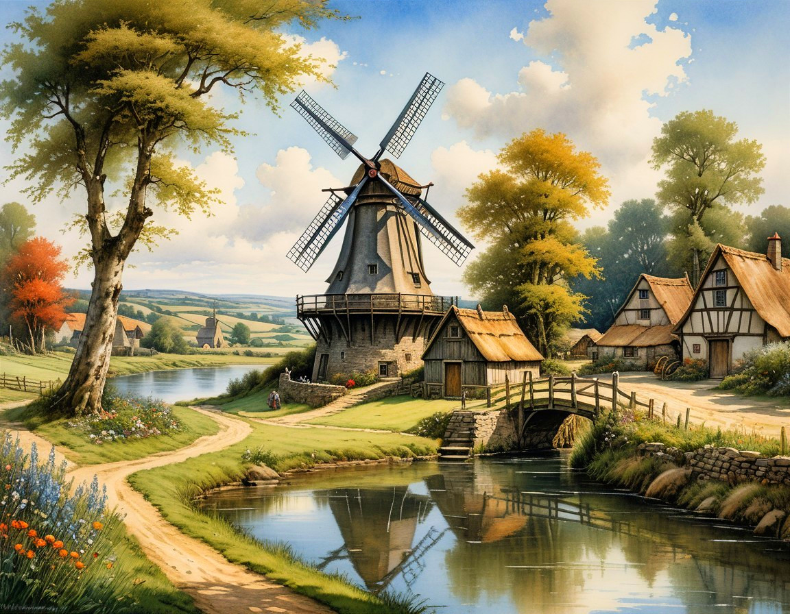 Charming Windmill and Autumn Landscape by River
