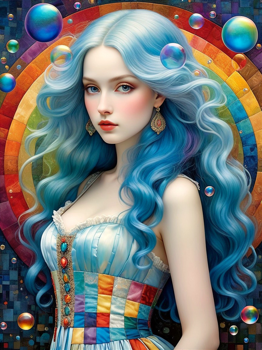 Fantastical portrait of a young woman with blue hair