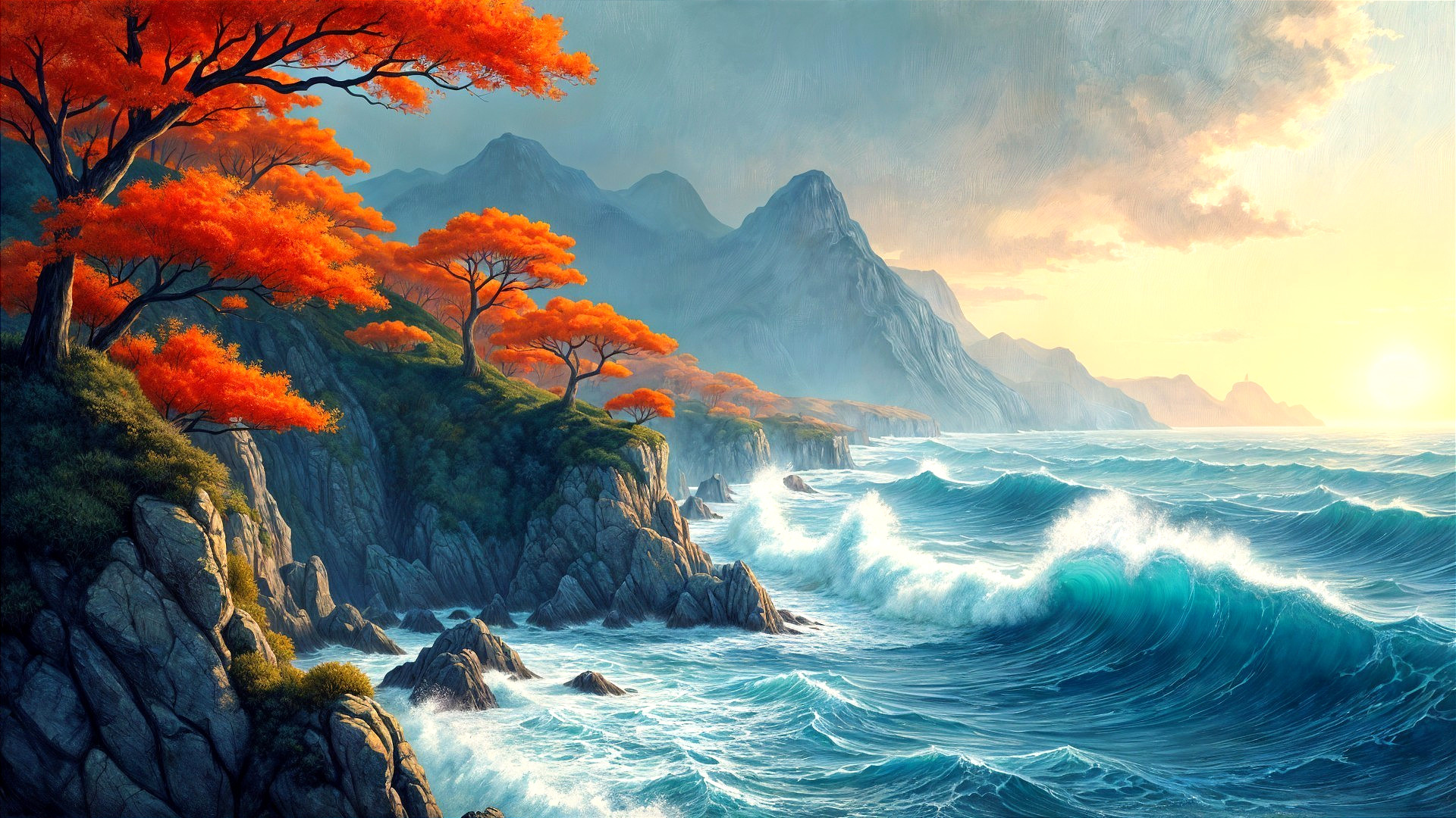 Coastal Landscape with Orange Trees and Rocky Cliffs