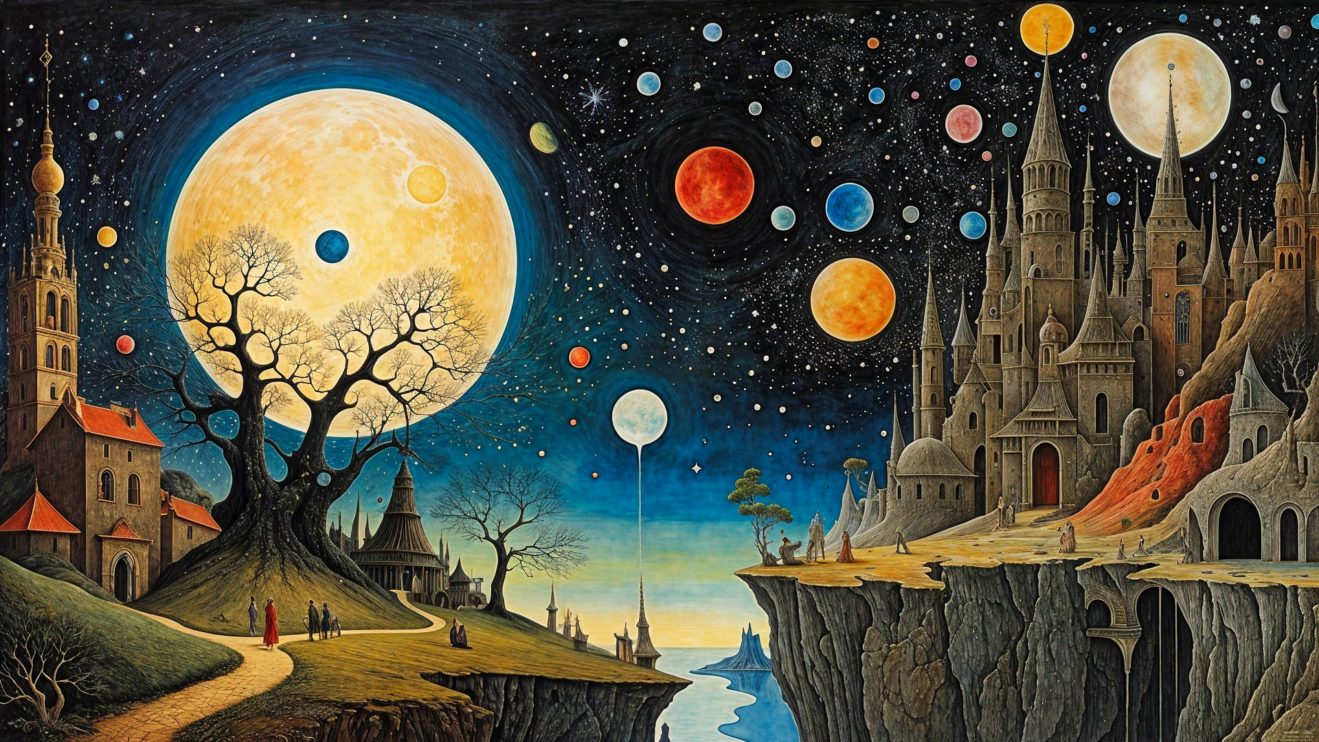 Surreal Landscape with Moon, Planets, and Fantasy Castle