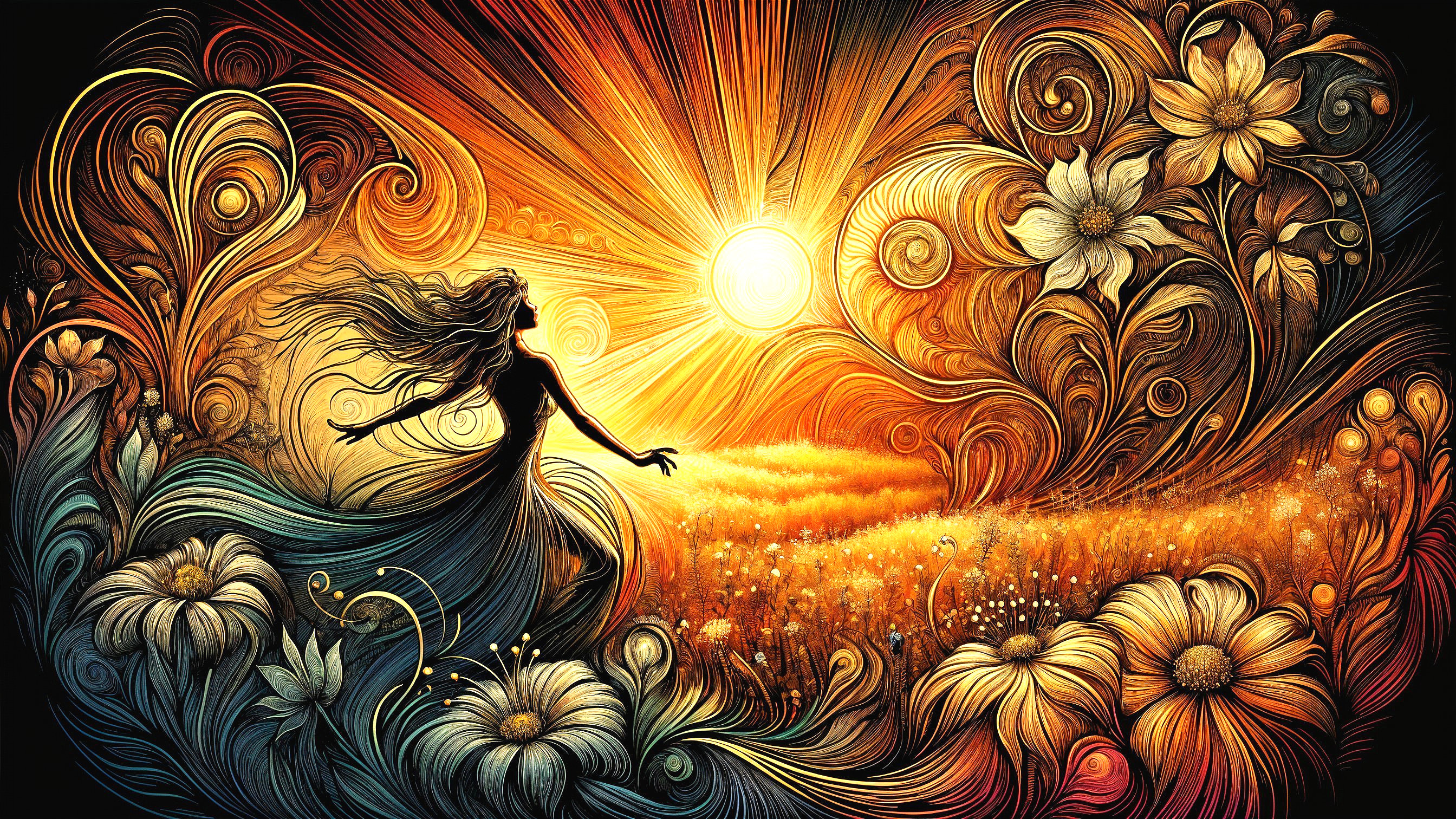 Silhouette of a woman among vibrant floral patterns
