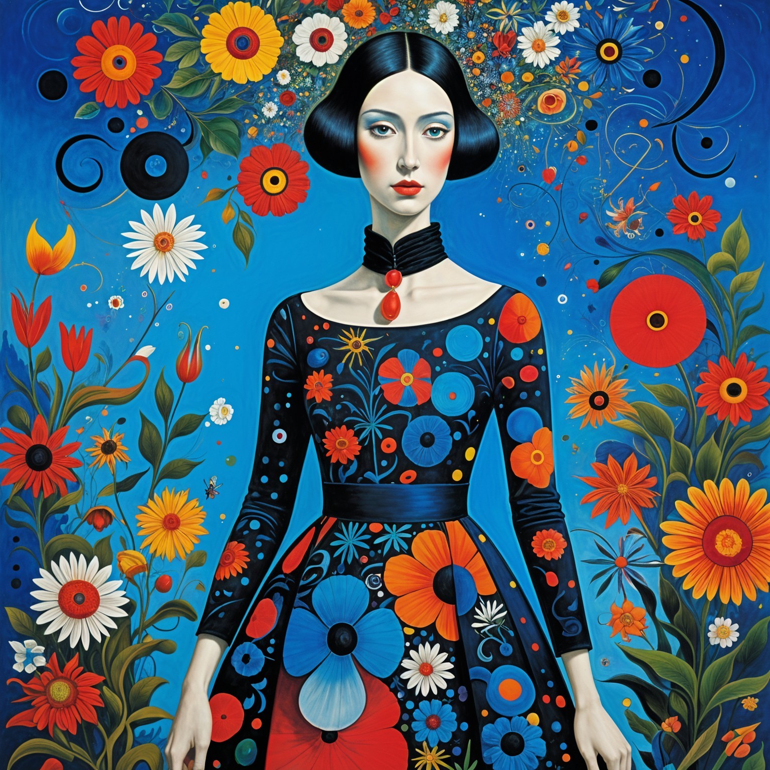 Vibrant Artwork of Woman in Floral Dress and Swirls
