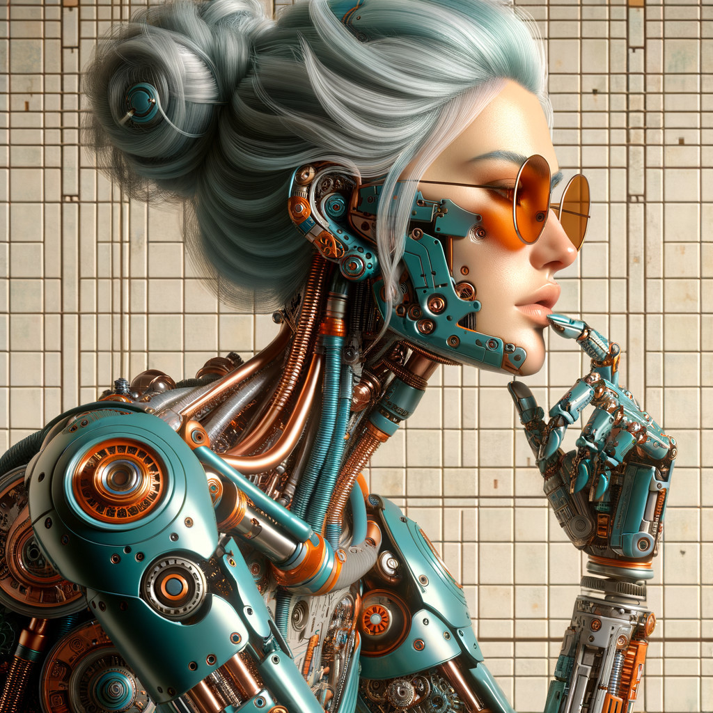 Close-up of a futuristic cyborg woman with blue hair