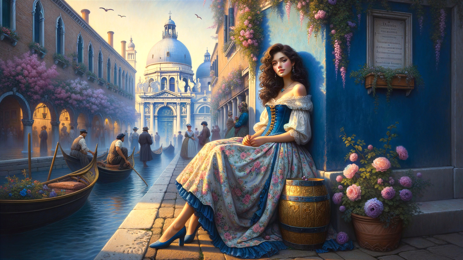 Young Woman in Floral Dress by Venetian Waterway